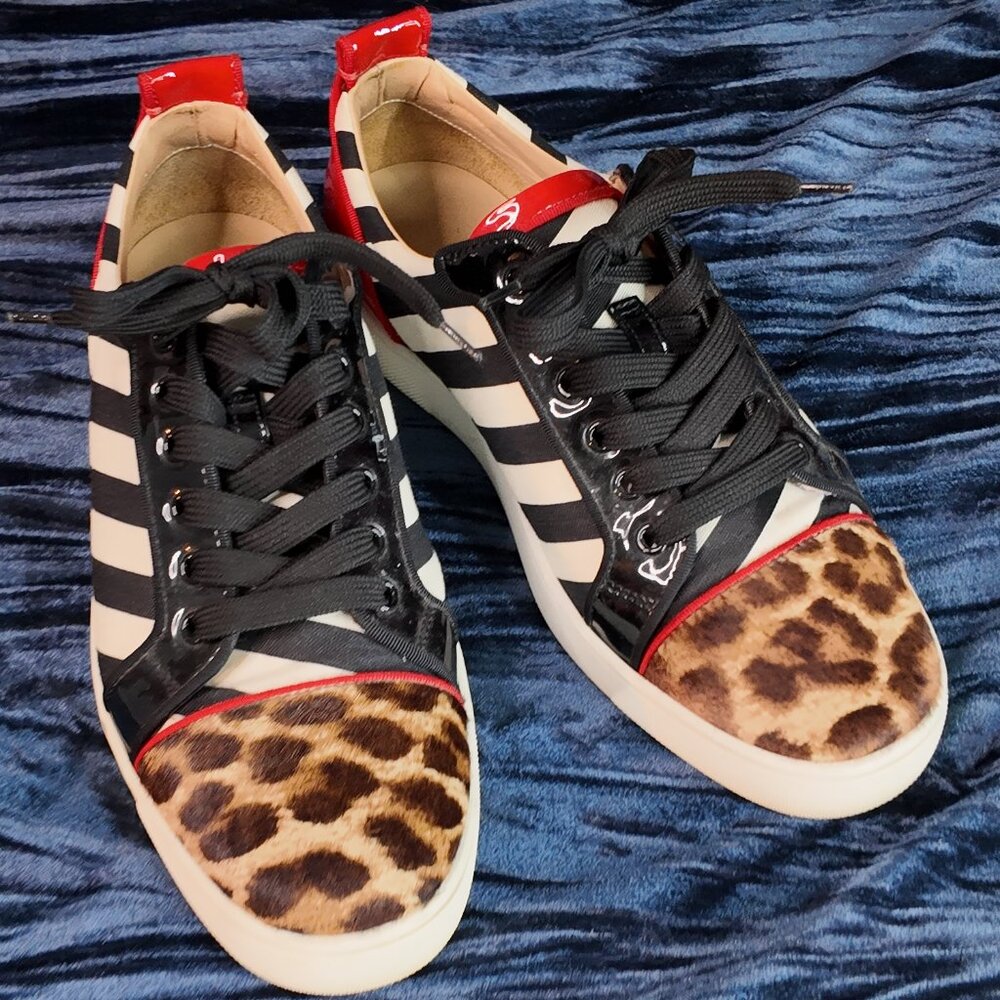 Christian Louboutin, size 41 US9, black white red pony hair cheetah print